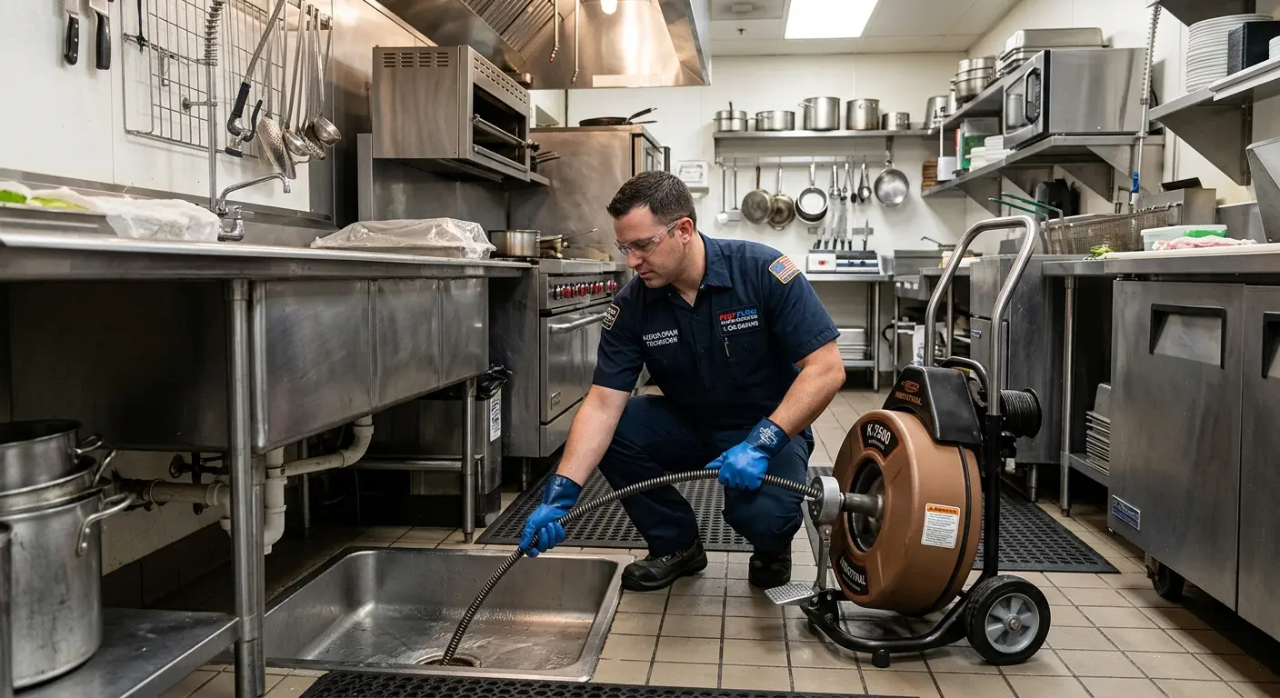 Commercial drain cleaning service in a restaurant kitchen in Mineola