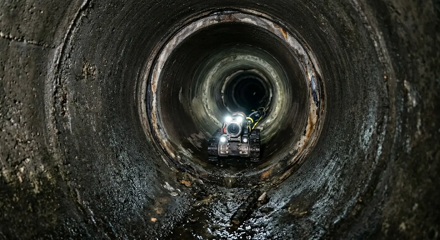 Robotic sewer camera inspecting pipe interior for Sewer Line Cleaning in Mineola