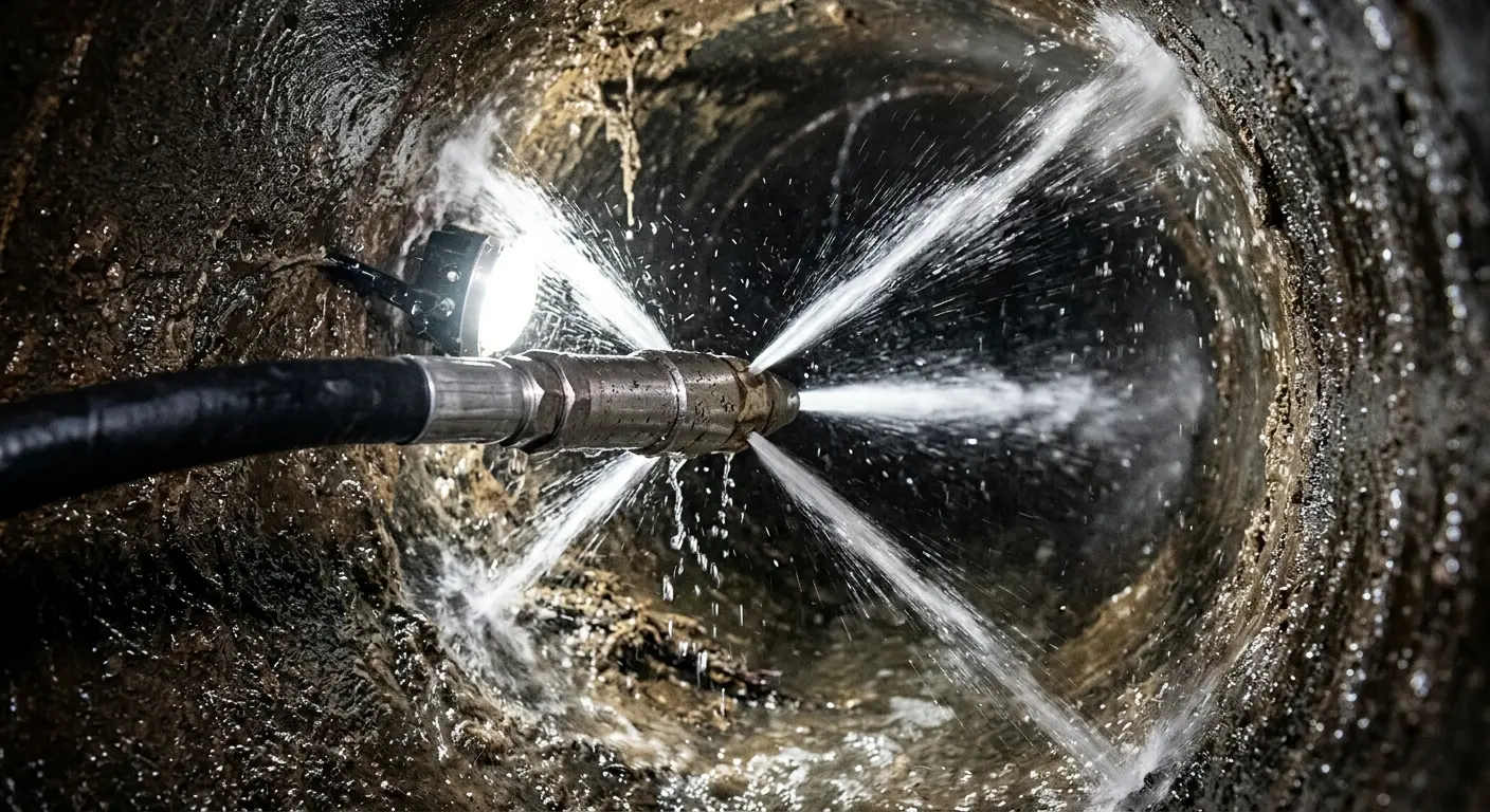 High-pressure hydro jetting nozzle cleaning sewer pipe for Sewer Line Relining in Mineola