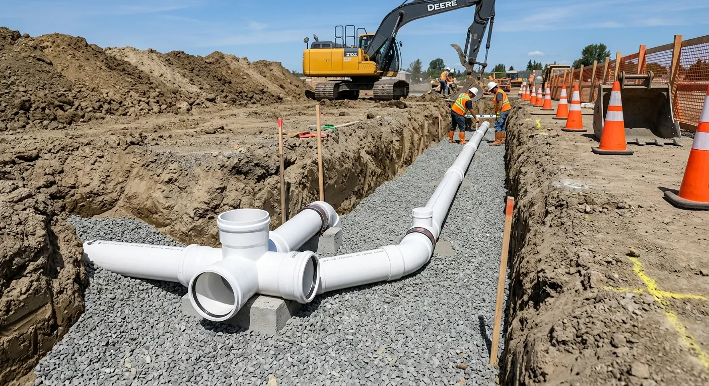 New PVC sewer pipe installation in open trench for Sewer Backup in Mineola