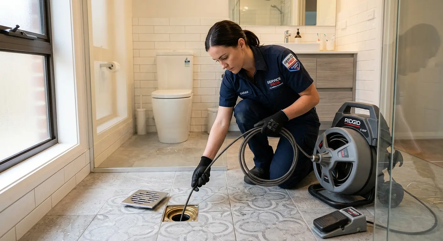 Technician clearing a bathroom floor drain for Drain Repair in Mineola